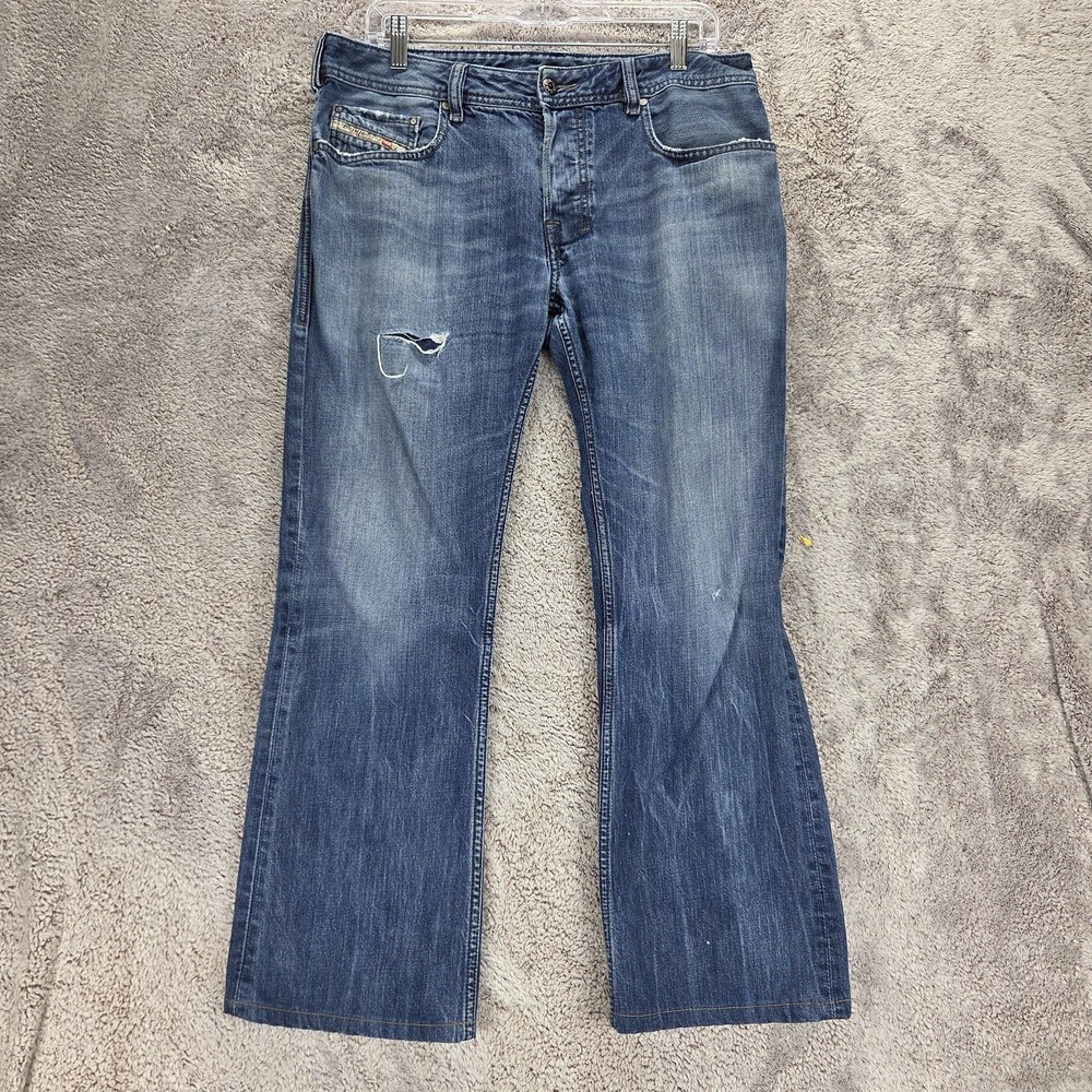 Diesel Jeans Mens 32x30 Blue Zatiny Regular Bootcut Distressed Altered Hem R831Q